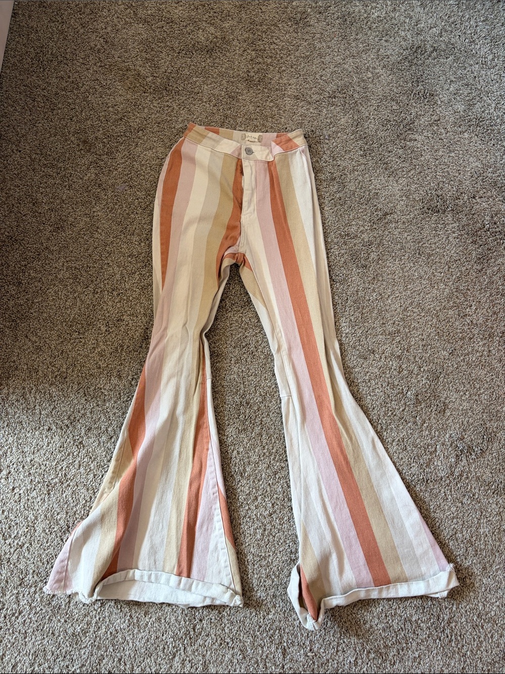Altar'd State Striped Flare Jeans in Cream, Tan & Pink